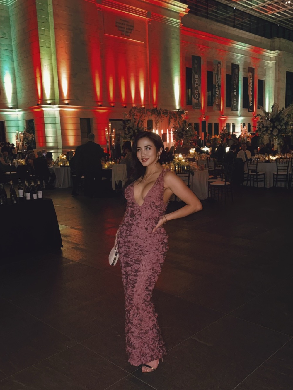 House of CB Carena flower appliqué gown. Plunge Maxi Dress